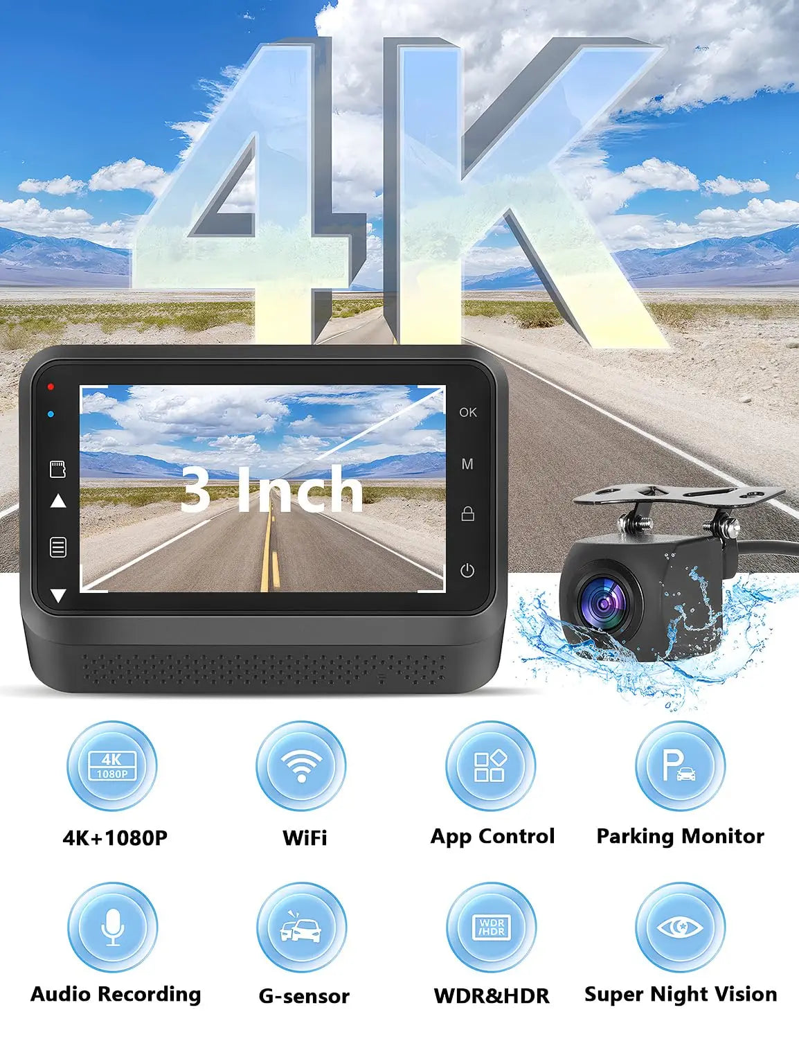 Kocam 4K UHD Dash Cam WiFi Car DVR Front and Rear Dual Lens Auto Car Camera with Night Vision 24H Parking Monitor Black Box - Magic Electronics