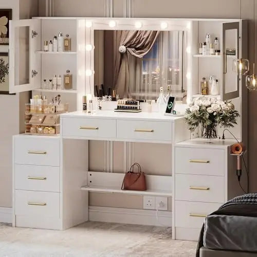 58.3' Vanity Desk with Mirror, Lights & Charging Station, 8 Drawers, 2 Cabinets United States 58.3 inch White B Magic Electronics S6e02f6610f444c7a92b1b26e2fbc7ee33 United States 58.3 inch White B