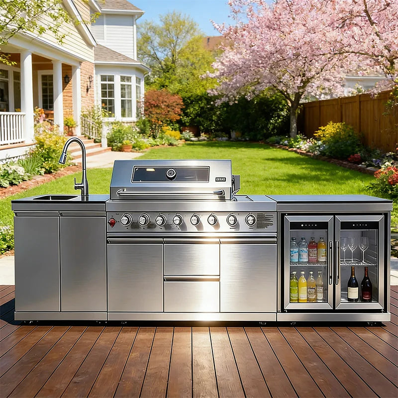 A Full Kitchen Suite Including Grill Cooktop Sink And Fridge With Waterproof Custom Outdoor Stainless Steel Cabinet For Backyard - Magic Electronics