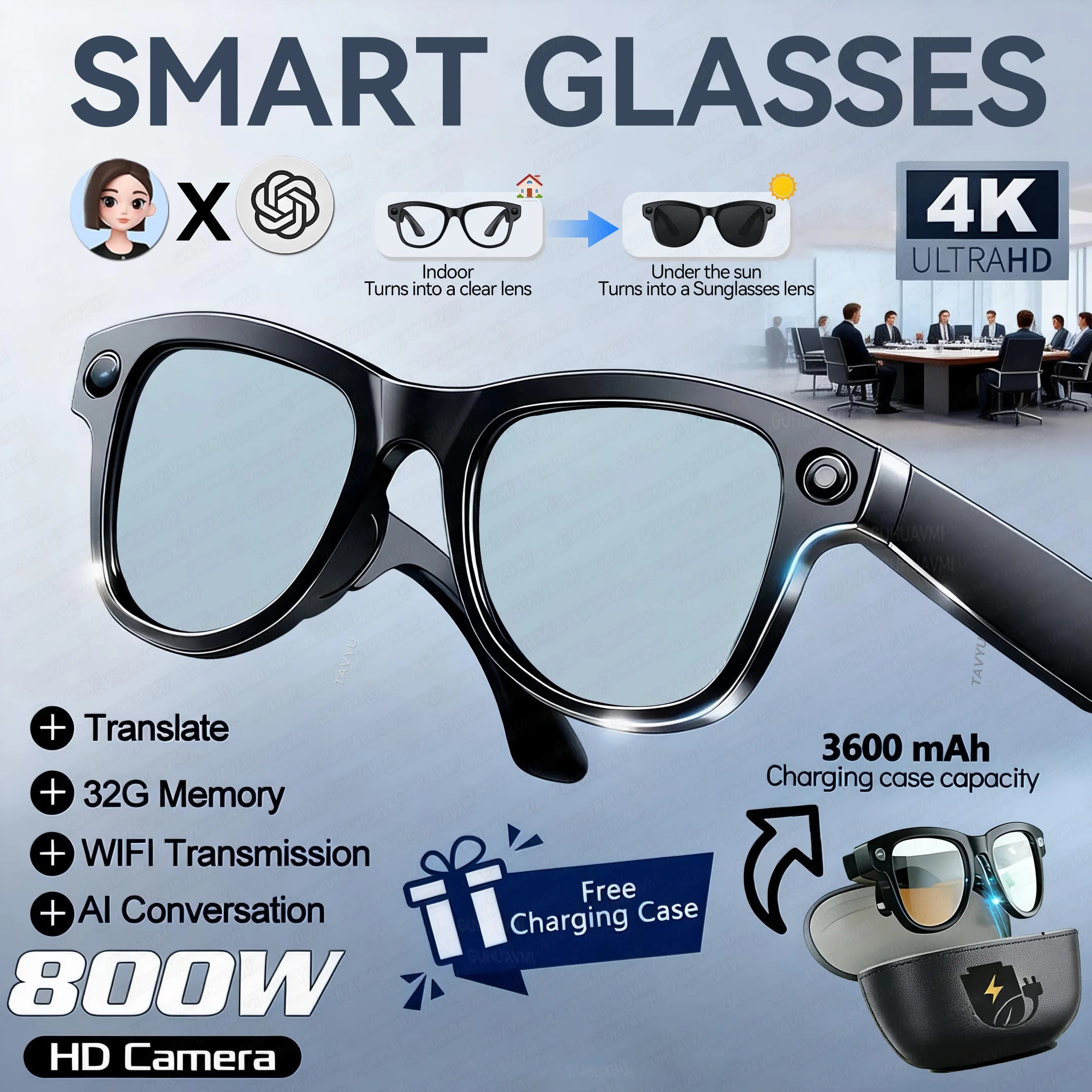 AI Smart Glasses with Camera 1200P M02 Ultra ChatGPT Voice Control 32GB Real-time Translation 3600mAh Charging Case Sunglasses Black color change A Magic Electronics S6ff90768b829434186a9945dd7d070400 Black color change A