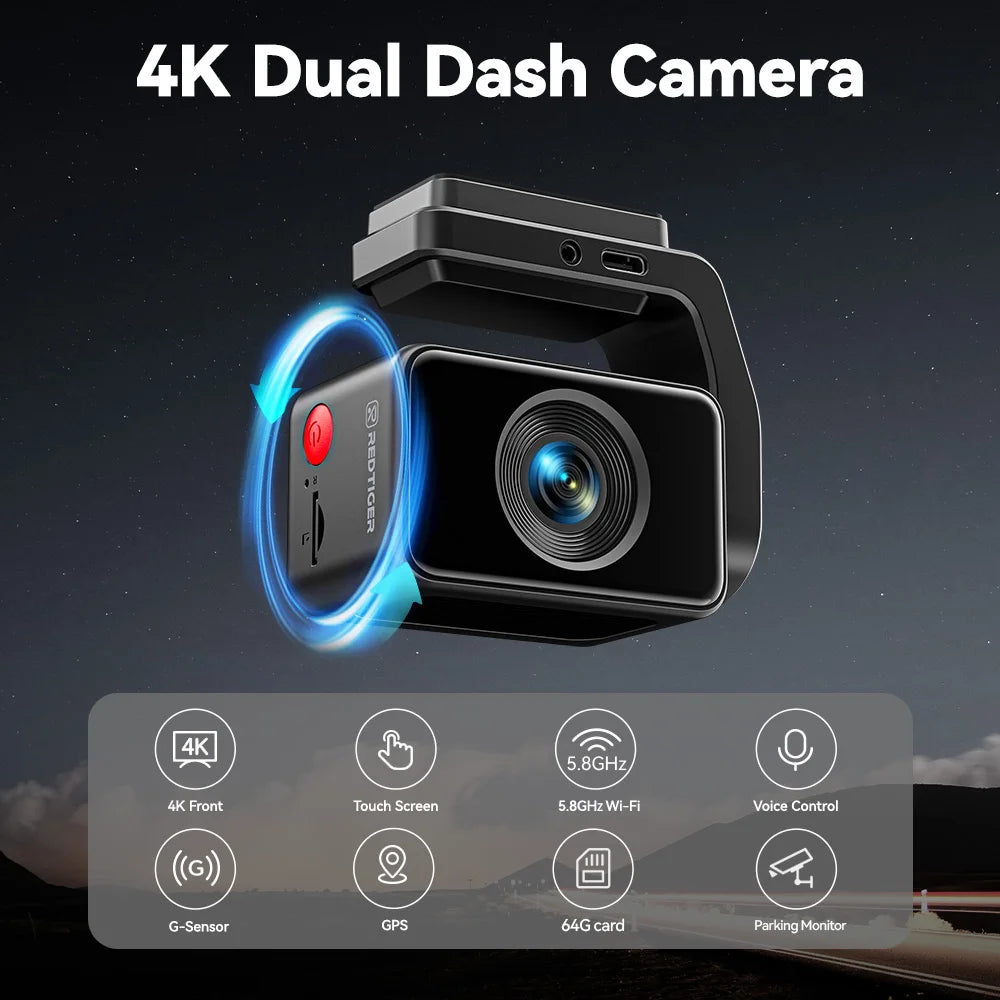 REDTIGER A4 4k Dash Cam Front and Rear Drive Recorder GPS& 5G WiFi Touch Screen Night Vision 24H Parking Mode Voice Control - Magic Electronics