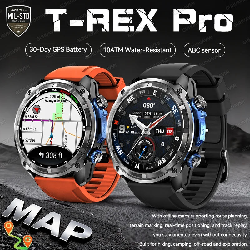 2026 New T-REX Pro Dual-Band AGPS Smartwatch Built-in Offline Map 10ATM Waterproof 30-Days Battery Compass Men Militray Watches - Magic Electronics