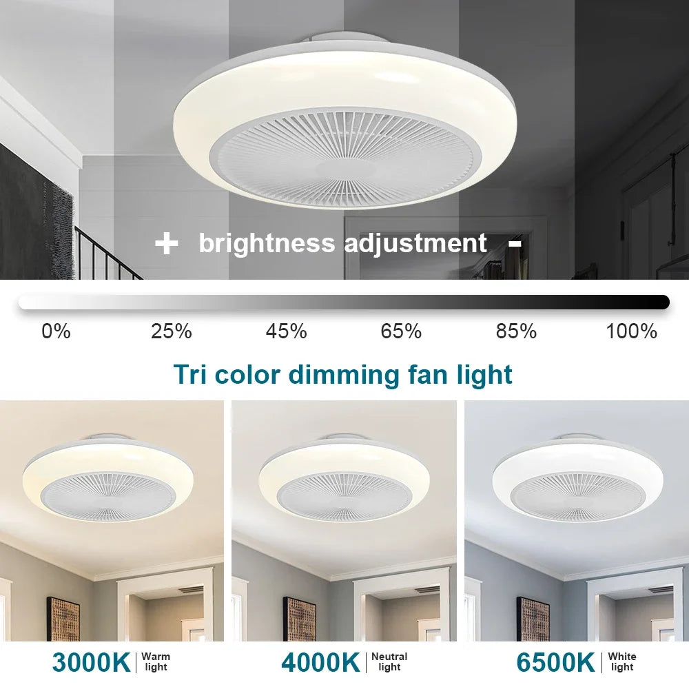 Ceiling Pendant Light Ceiling Fan with Light showing tri-color dimming options and brightness adjustment features.