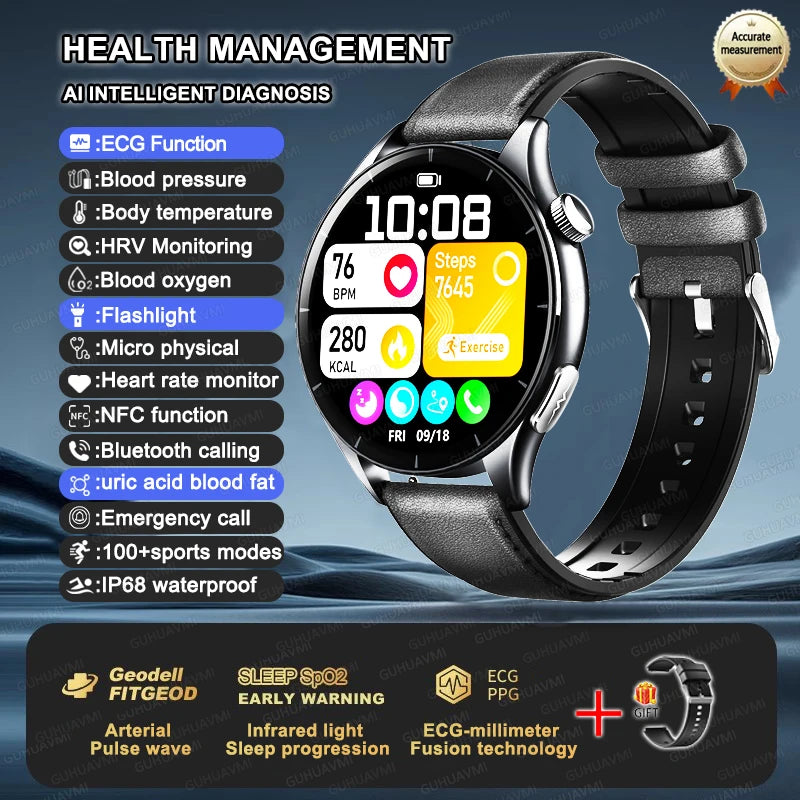 New upgrade High end Analysis Health Smart Watch Sapphire screen ECG Uric Acid BP Blood Oxygen Body Fat HD Call NFC Smart Watch Black Leather Nursing Grade Magic Electronics S8831bd59b26146bf8dc9c559d768dbb1C Black Leather Nursing Grade