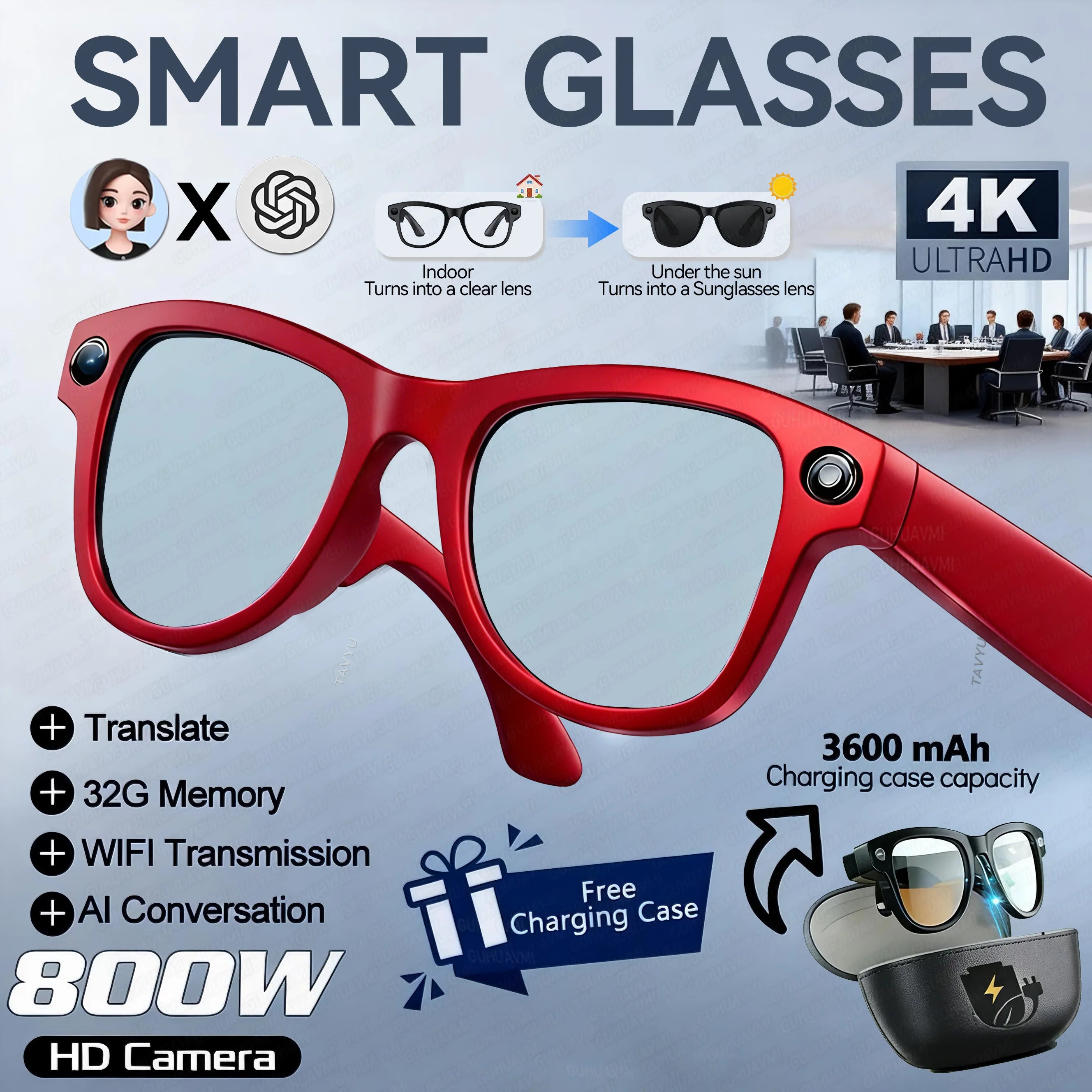 AI Smart Glasses with Camera 1200P M02 Ultra ChatGPT Voice Control 32GB Real-time Translation 3600mAh Charging Case Sunglasses Red color change A Magic Electronics S889954565d2a4fe9a40bc28eff0cc302z Red color change A