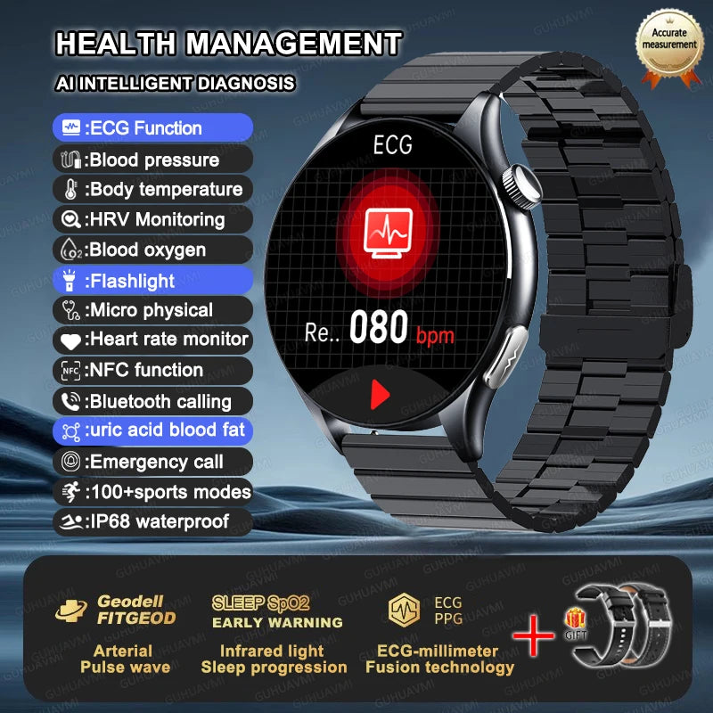 New upgrade High end Analysis Health Smart Watch Sapphire screen ECG Uric Acid BP Blood Oxygen Body Fat HD Call NFC Smart Watch Black Steel B 2A Nursing Grade Magic Electronics S89d261d81a494b8fa4783c985e89dae7e Black Steel B 2A Nursing Grade