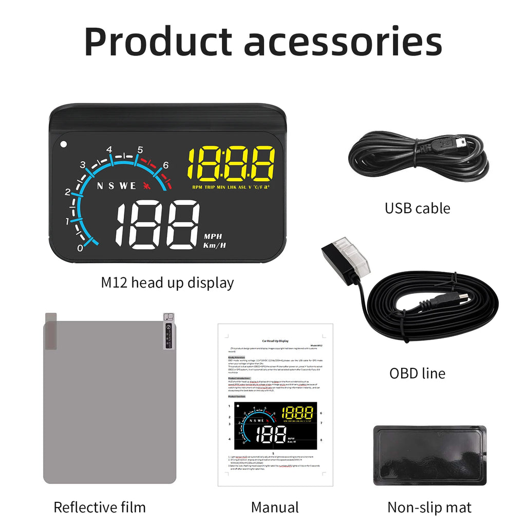 M12 HUD Windshield Projector OBD+GPS Universal Head Up Display Car Speedometer Water temp RPM Voltage Security Automatic Alarm Magic Electronics S910b24b376c3446383d486cdab73fef5B