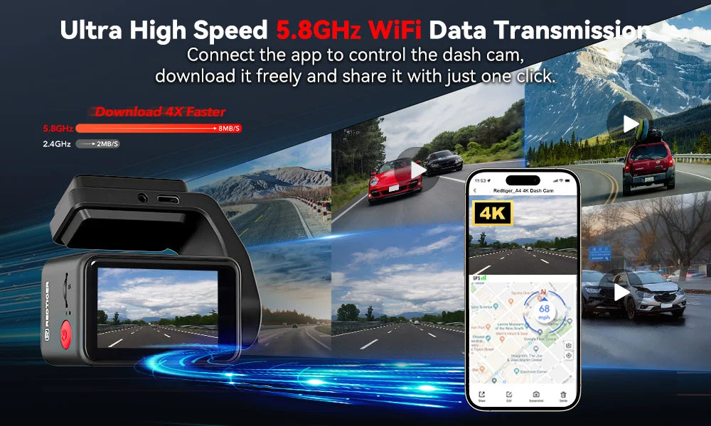 REDTIGER A4 4k Dash Cam Front and Rear Drive Recorder GPS& 5G WiFi Touch Screen Night Vision 24H Parking Mode Voice Control - Magic Electronics