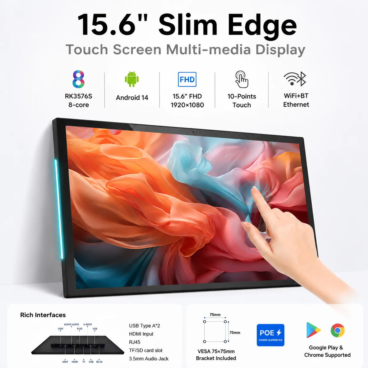 Smart Home Tablet Wall Mount with Double-Sided Lights 15.6 Inch FHD Touch Screen Android 14 8-Core 4G 64G POE for Home assistant