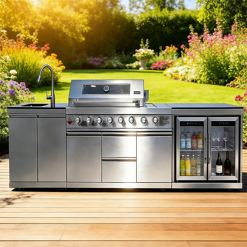 A Full Kitchen Suite Including Grill Cooktop Sink And Fridge With Waterproof Custom Outdoor Stainless Steel Cabinet For Backyard - Magic Electronics