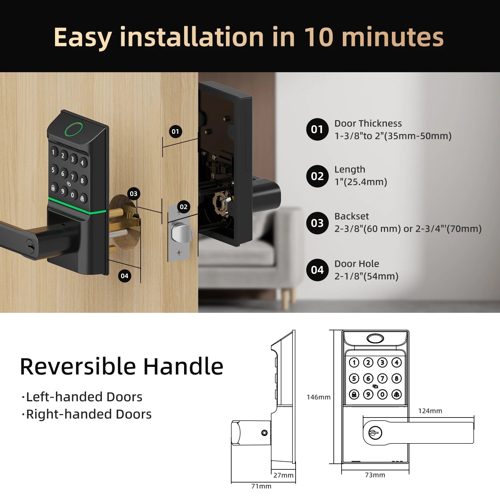 Viladepot Smart Lock Fingerprint Door Lock TYPE-C Interface App Control Passcode Unlock Electronic Touchscreen Keypad Handle - Magic Electronics