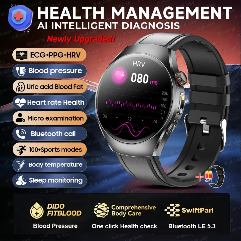 2026 New Accurate Body Health analysis Smart Watch Men ECG Blood lipids Uric acid Blood Pressure Body Fat Voice Call Smartwatch Black Leather Nursing Grade Magic Electronics Sa2510edcd58743b887b1ac34d0322437p Black Leather Nursing Grade