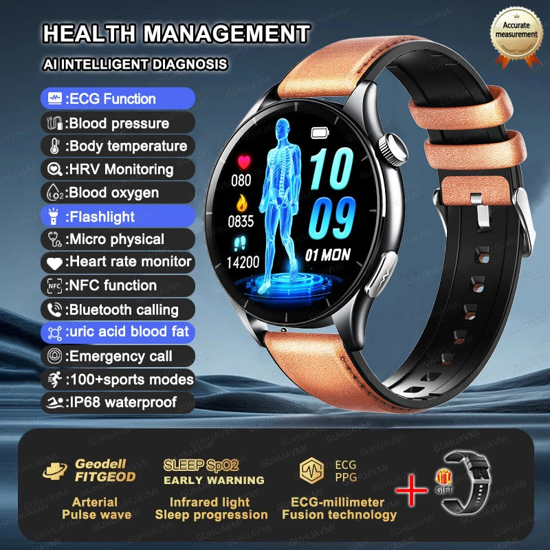 New upgrade High end Analysis Health Smart Watch Sapphire screen ECG Uric Acid BP Blood Oxygen Body Fat HD Call NFC Smart Watch Brown Leather Nursing Grade Magic Electronics Sa297da4b64fa48bcb1ee0ad53b70e0248 Brown Leather Nursing Grade