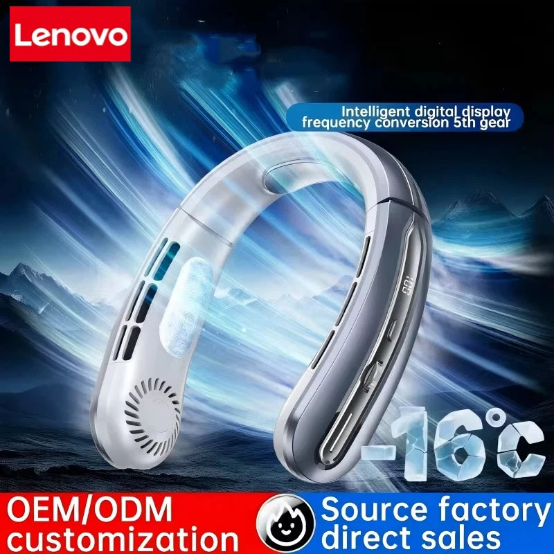 Lenovo Hanging Neck Fan Digital Display Power Ventilator Bladeless Neckband Fan Mini Air Cooler USB Rechargeable Electric Fans