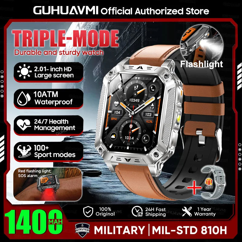 2026 Military outdoor SmartWatch Fitness Clock Men 2.01 inch AMOLED Screen 1400mAh Battery Flashlight Call Waterproof Smart Band Brown Leather 1400 Large battery Magic Electronics Sa3b1ff7b84d14d74be2fc5561c41d6265 Brown Leather 1400 Large battery