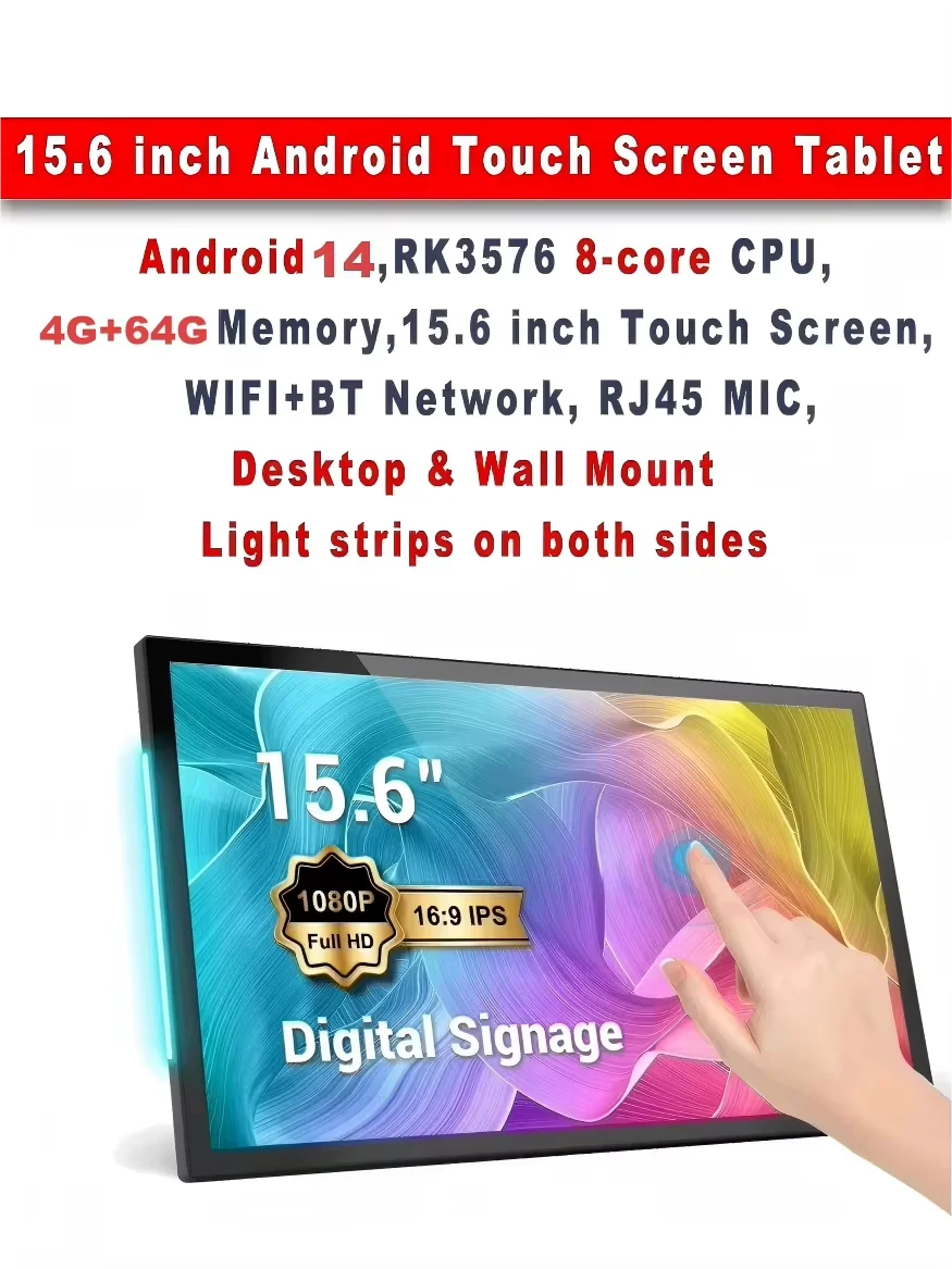 Smart Home Tablet Wall Mount with Double-Sided Lights 15.6 Inch FHD Touch Screen Android 14 8-Core 4G 64G POE for Home assistant