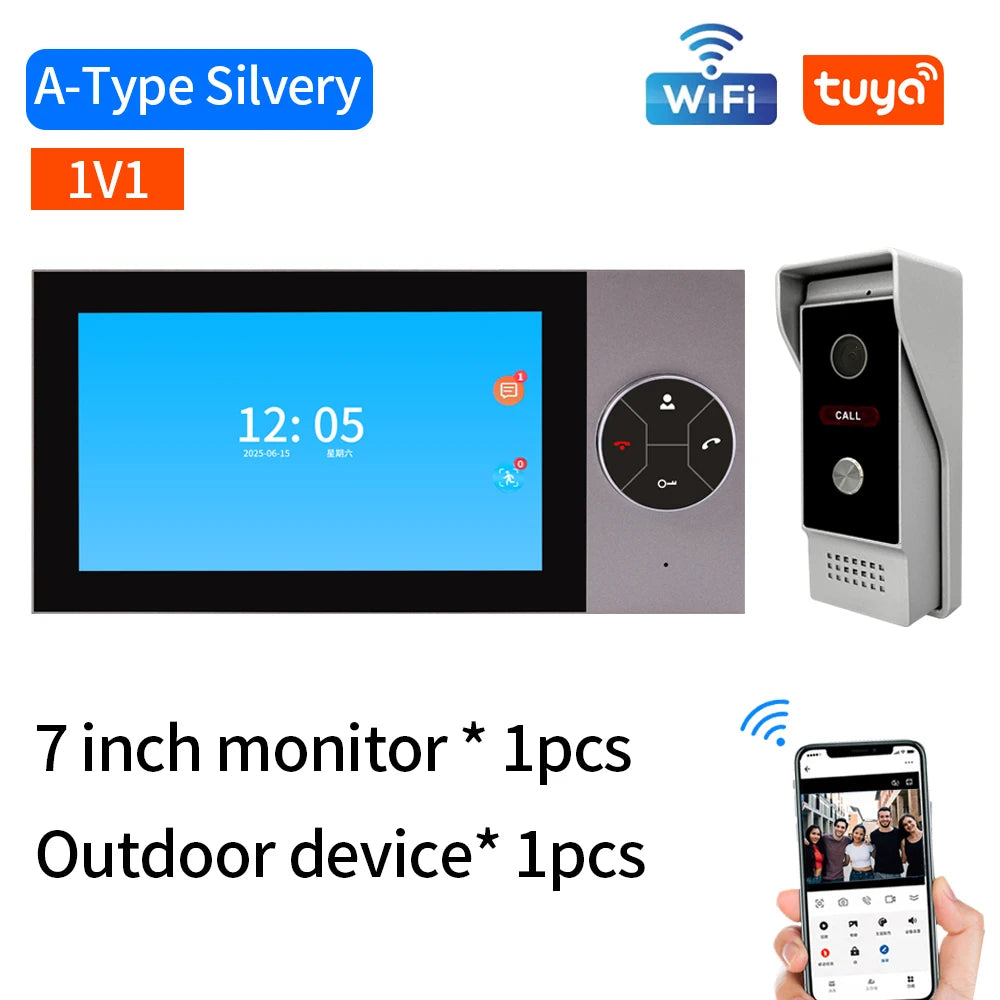 WIFI Wired Smart Home Video Door Intercom System 7" Colour Screen Monitor AHD 1080P Doorbell Tuya App Remote Unlock