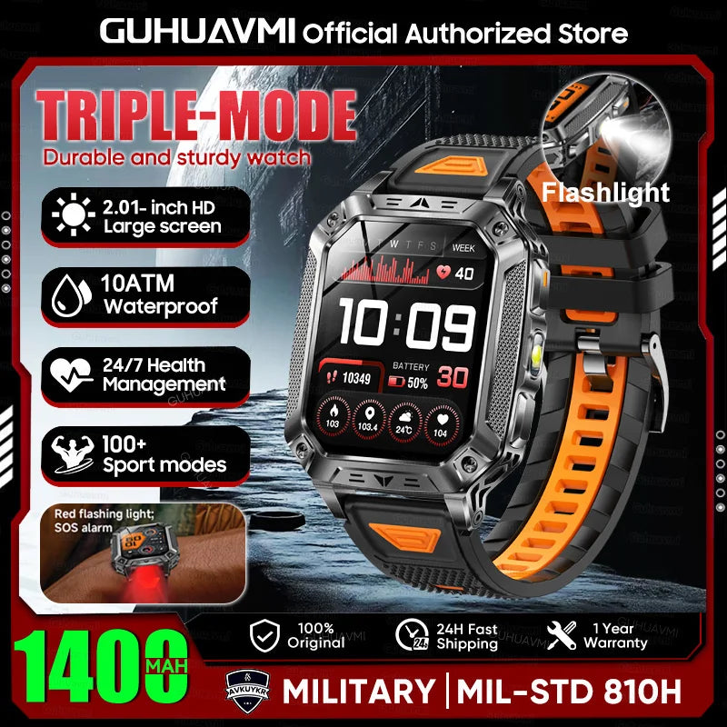 2026 Military outdoor SmartWatch Fitness Clock Men 2.01 inch AMOLED Screen 1400mAh Battery Flashlight Call Waterproof Smart Band Black Orange 1400 Large battery Magic Electronics Saac6a8fd54984817a19c3092931732c5f Black Orange 1400 Large battery