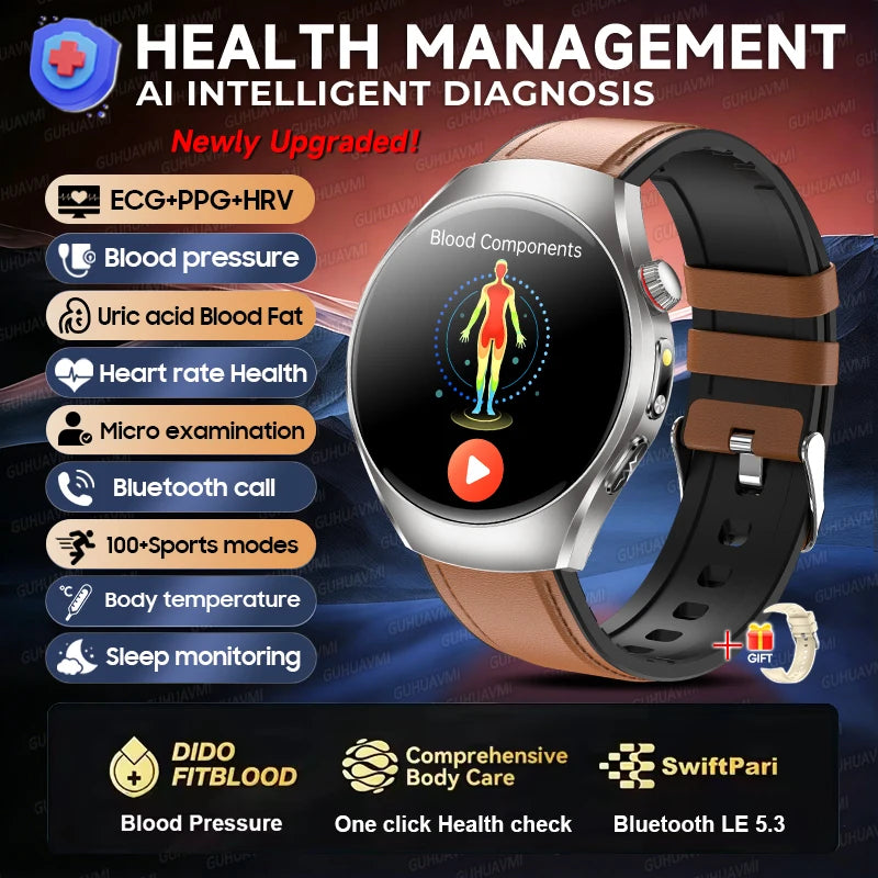 2026 New Accurate Body Health analysis Smart Watch Men ECG Blood lipids Uric acid Blood Pressure Body Fat Voice Call Smartwatch Brown Leather Nursing Grade Magic Electronics Sae081659e0464549844c3a70bfe23347d Brown Leather Nursing Grade