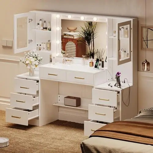 58.3' Vanity Desk with Mirror, Lights & Charging Station, 8 Drawers, 2 Cabinets Magic Electronics Sb038049bb0ec457692798a5cc65c718f3