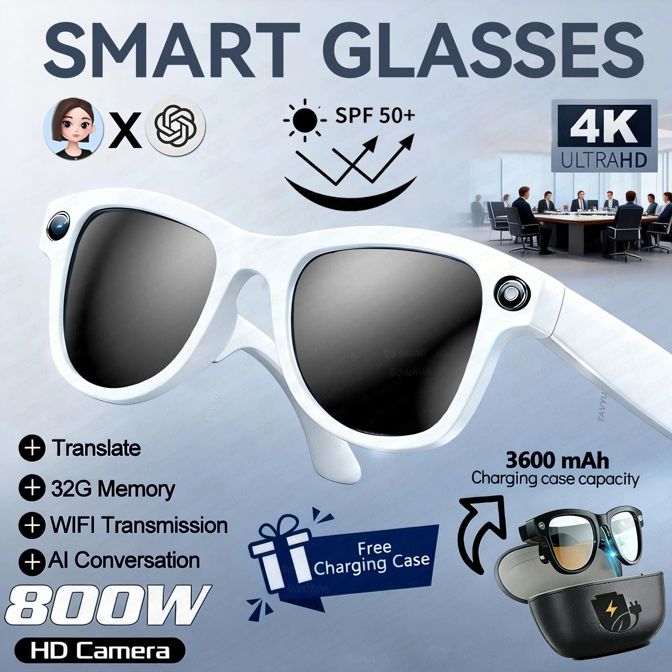 AI Smart Glasses with Camera 1200P M02 Ultra ChatGPT Voice Control 32GB Real-time Translation 3600mAh Charging Case Sunglasses White Sunglasses A Magic Electronics Sb5192a143f7f4adc95ed846df4f641abS White Sunglasses A