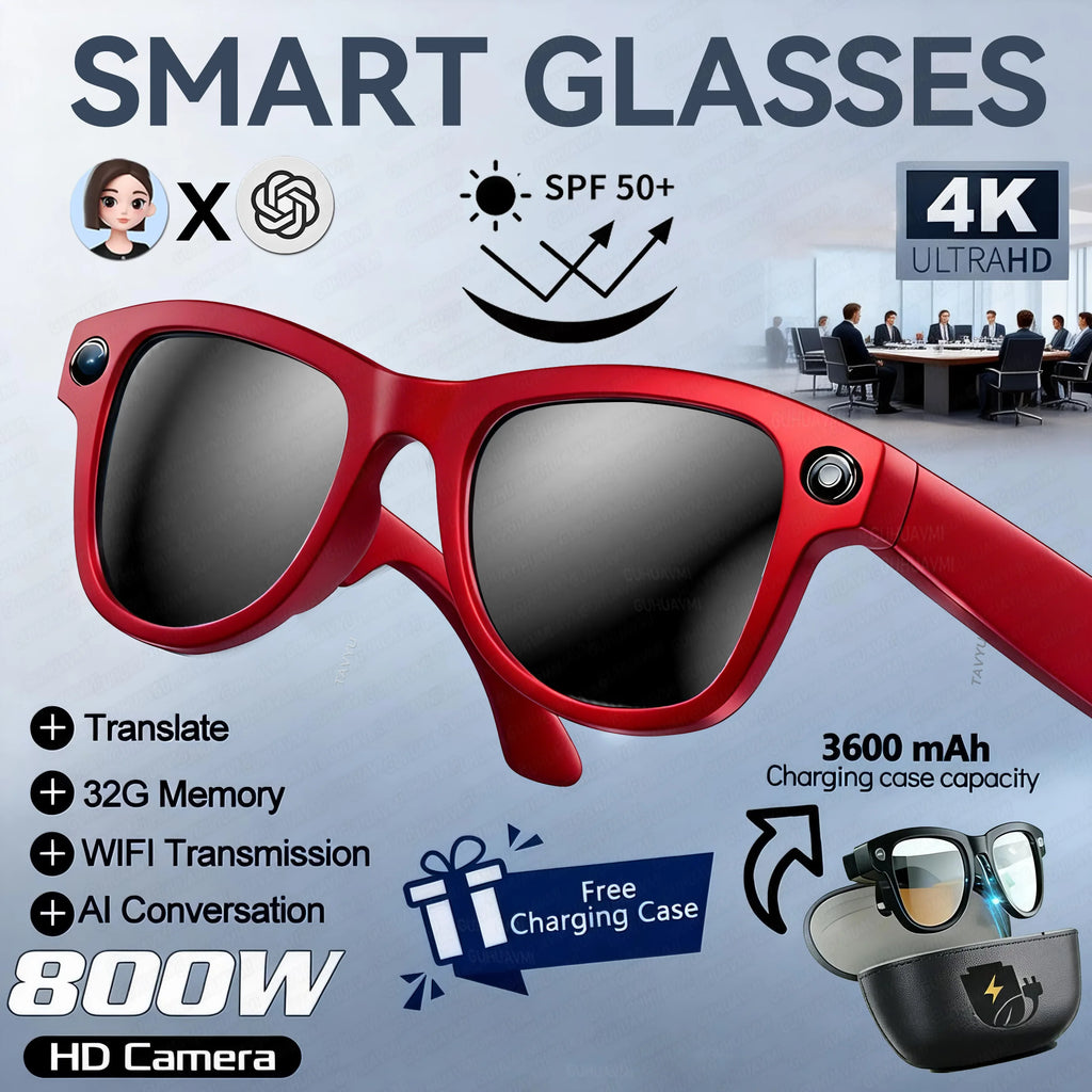 AI Smart Glasses with Camera 1200P M02 Ultra ChatGPT Voice Control 32GB Real-time Translation 3600mAh Charging Case Sunglasses Red Sunglasses A Magic Electronics Sb5202988b34b4002a55441603f6b35d6k Red Sunglasses A