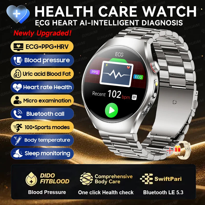 2026New Health Care Analysis ECG+PPG Smart Watch Blood pressure Fitness Uric Acid Blood lipids Bluetooth Call Clock Smartwatches Silver steel ECG Chip Magic Electronics Sb6c353e64fa049f68c64c3ba939434ecA Silver steel ECG Chip