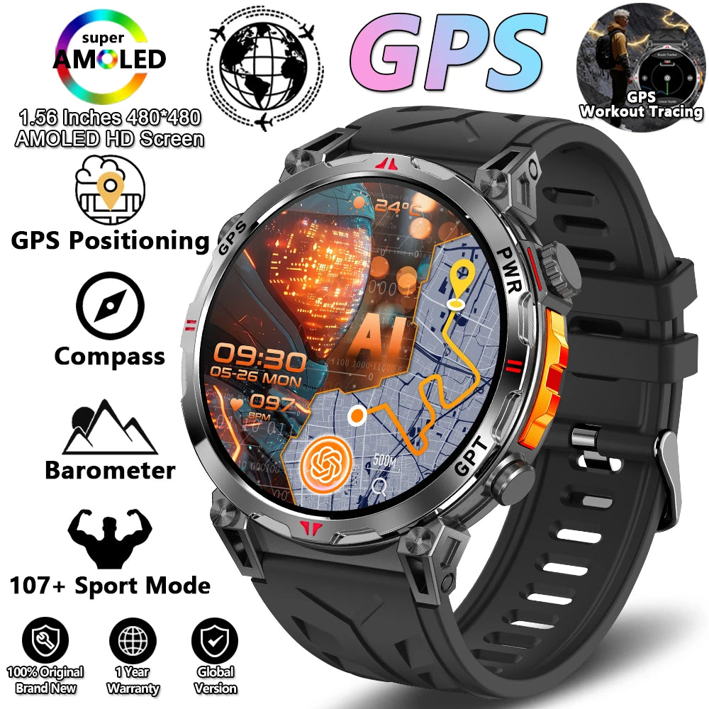 2026 New Outdoor Sports Smartwatch Men GPS Positioning 650mAh HD Call 1.56-inch AMOLED Screen Compass 5ATM Waterproof Watch Man - Magic Electronics