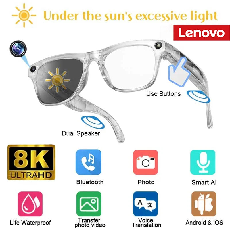 Lenovo 8K HDSmart AI Glasses With 100mp Camera Chat GPT Touch Sport Sunglasses Bluetooth Calling Music Player For Men Women Gift White-change color Magic Electronics Sb91444f4bc7842d891d376ff228e5e66h White-change color