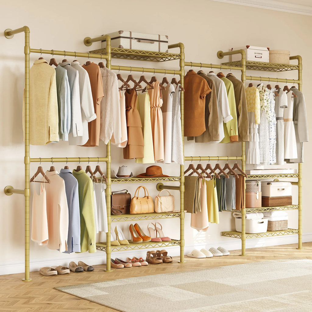 L4 Wall Mounted Industrial Pipe Clothes Rack, Closet Organizer System with Rods Expandable, Clothing Rack, Corner Garment Rack Gold United States Magic Electronics Sbd47a23aa1d64fd694984ada5a1a0972U Gold United States