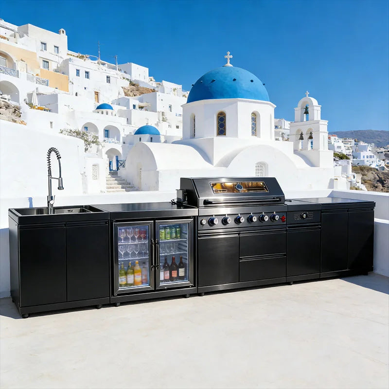 A Full Kitchen Suite Including Grill Cooktop Sink And Fridge With Waterproof Custom Outdoor Stainless Steel Cabinet For Backyard - Magic Electronics