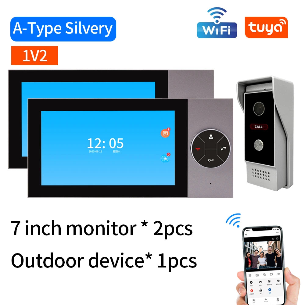 WIFI Wired Smart Home Video Door Intercom System 7" Colour Screen Monitor AHD 1080P Doorbell Tuya App Remote Unlock