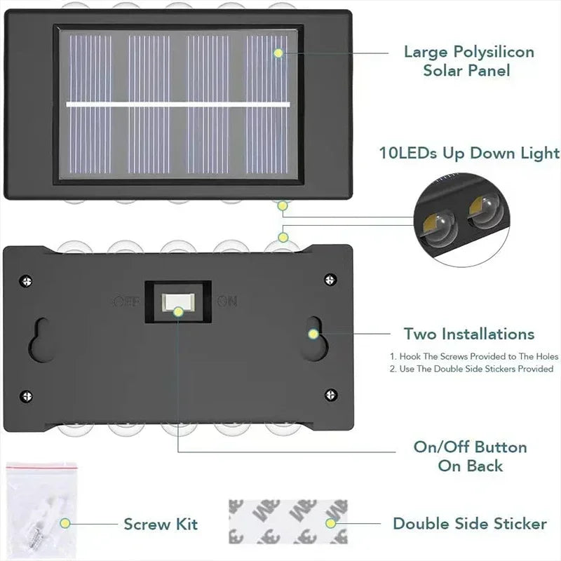 14/16 LED Solar Wall Lamp 1200mAh Outdoor Waterproof Up and Down Solar Lighting Light for Garden Fence Decoration Sunlight Light - Magic Electronics