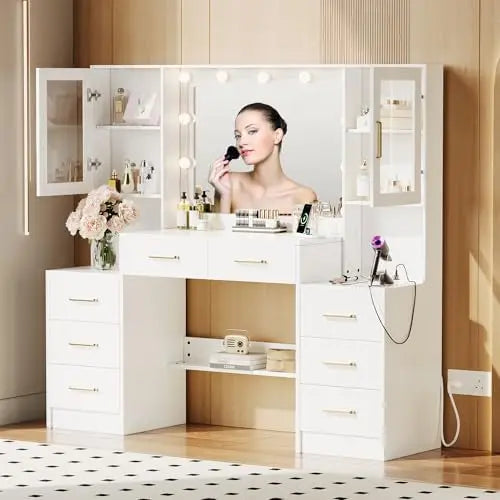 58.3' Vanity Desk with Mirror, Lights & Charging Station, 8 Drawers, 2 Cabinets Magic Electronics Sc3ff730f68a340aeb60f66774cd6dd1eR