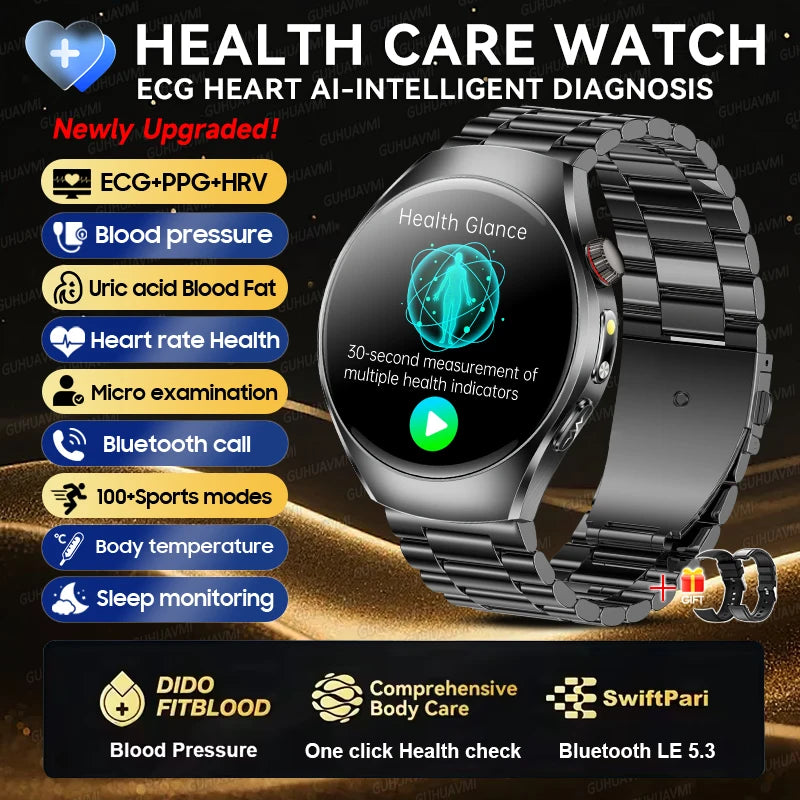 2026New Health Care Analysis ECG+PPG Smart Watch Blood pressure Fitness Uric Acid Blood lipids Bluetooth Call Clock Smartwatches Black Steel 2A ECG Chip Magic Electronics Sc5f2e0324afd4bd88cbae79acf480355C Black Steel 2A ECG Chip