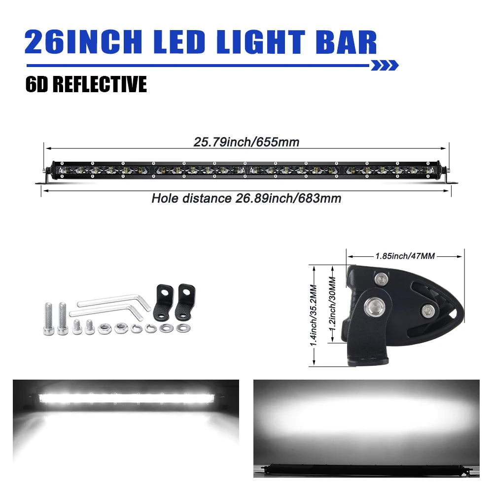 HAOLIDE 6D 7inch 14inch 20inch 26inch 38inch 50inch 1 Row Utral Slim Led Light Bar Driving Light 6000k White for Offroad SUV UTV 26inch 1pcs Magic Electronics Sc81172ab77b643ba923bedbf2bc60b66W 26inch 1pcs