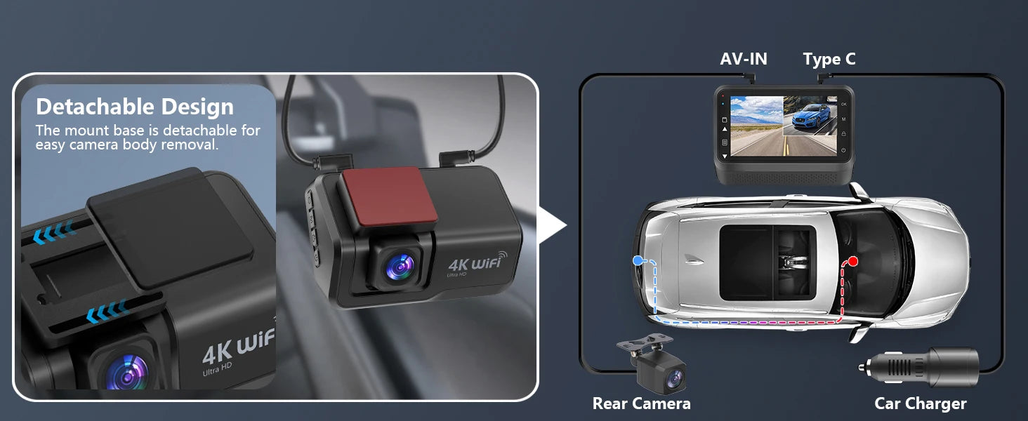 Kocam 4K UHD Dash Cam WiFi Car DVR Front and Rear Dual Lens Auto Car Camera with Night Vision 24H Parking Monitor Black Box - Magic Electronics