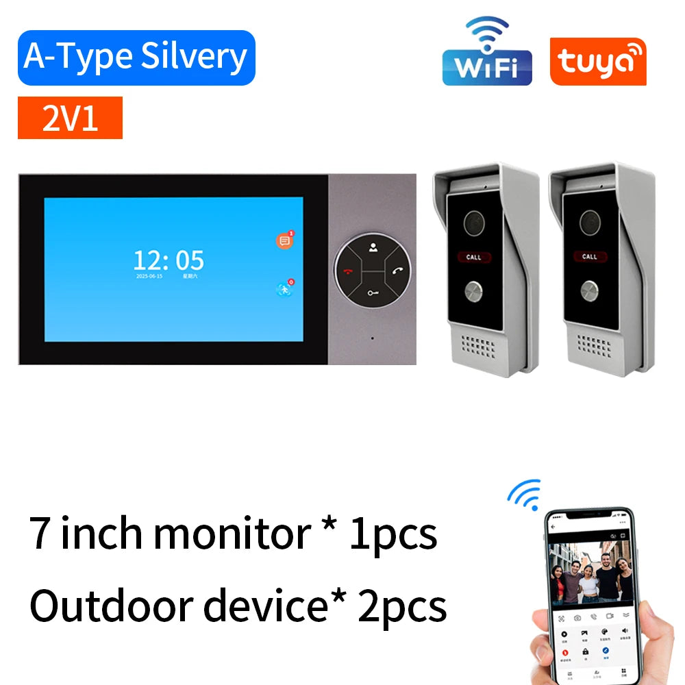 WIFI Wired Smart Home Video Door Intercom System 7" Colour Screen Monitor AHD 1080P Doorbell Tuya App Remote Unlock