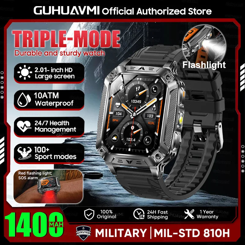 2026 Military outdoor SmartWatch Fitness Clock Men 2.01 inch AMOLED Screen 1400mAh Battery Flashlight Call Waterproof Smart Band Black 1400 Large battery Magic Electronics Scf5149b15f4740abb1e2dcd2f659355c5 Black 1400 Large battery