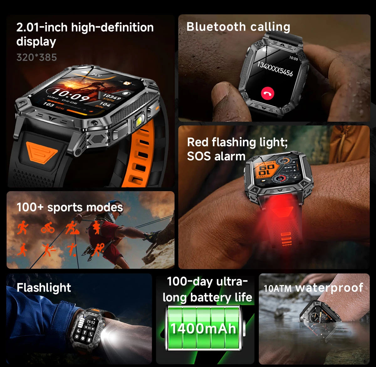 2026 Military outdoor SmartWatch Fitness Clock Men 2.01 inch AMOLED Screen 1400mAh Battery Flashlight Call Waterproof Smart Band Magic Electronics Sd0b8c33e58f64be78d691d25cc9e5db5g