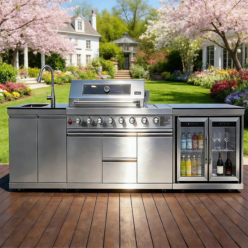 A Full Kitchen Suite Including Grill Cooktop Sink And Fridge With Waterproof Custom Outdoor Stainless Steel Cabinet For Backyard - Magic Electronics