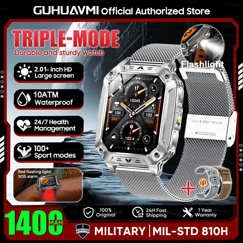 2026 Military outdoor SmartWatch Fitness Clock Men 2.01 inch AMOLED Screen 1400mAh Battery Flashlight Call Waterproof Smart Band Silver Mesh Belt 2A 1400 Large battery Magic Electronics Sd4fd0eaf606d451d8e062f2dbcbdaa664 Silver Mesh Belt 2A 1400 Large bat