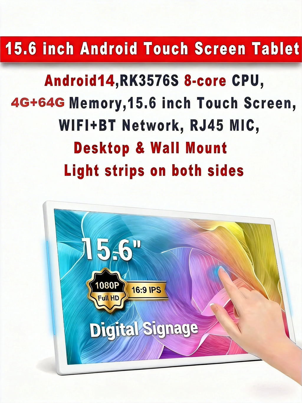Smart Home Tablet Wall Mount with Double-Sided Lights 15.6 Inch FHD Touch Screen Android 14 8-Core 4G 64G POE for Home assistant