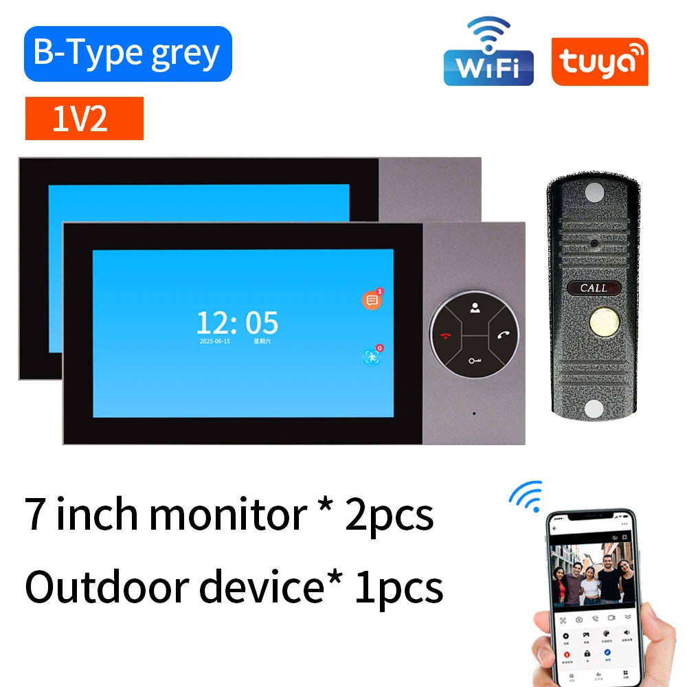 WIFI Wired Smart Home Video Door Intercom System 7" Colour Screen Monitor AHD 1080P Doorbell Tuya App Remote Unlock