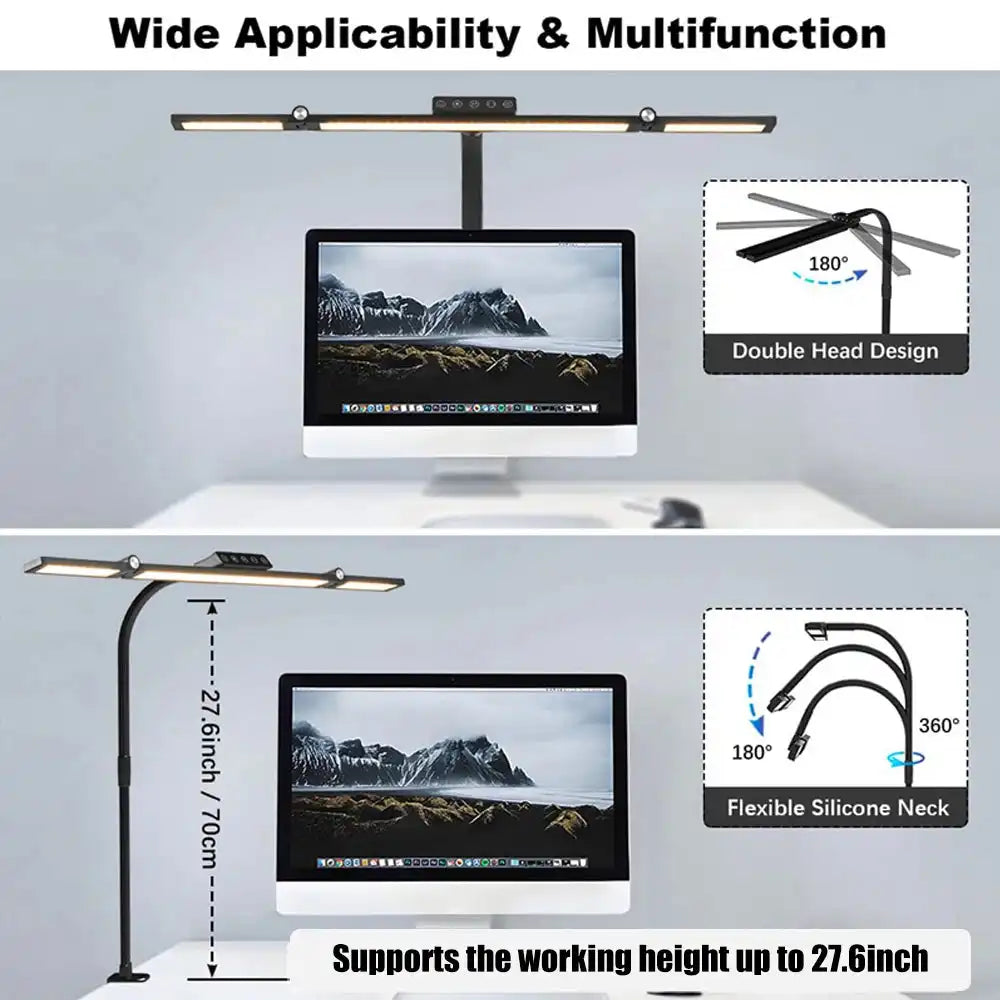 Home Office LED Desk Lamp Double Head Stepless Dimming Eye-Caring Reading Lights 3 Color Mode Flexible Adjustable PC Table Lamps - Magic Electronics