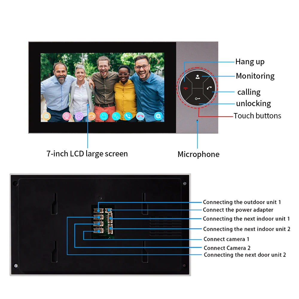 WIFI Wired Smart Home Video Door Intercom System 7" Colour Screen Monitor AHD 1080P Doorbell Tuya App Remote Unlock