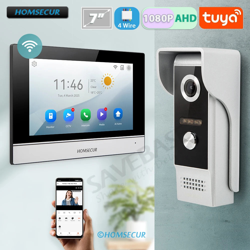 HOMSECUR 4 Wire Tuya Smart APP HD Video House Door Phone Kit with 7" Touch Screen Monitor IP65 Doorbell Camera Record Snapshot - Magic Electronics