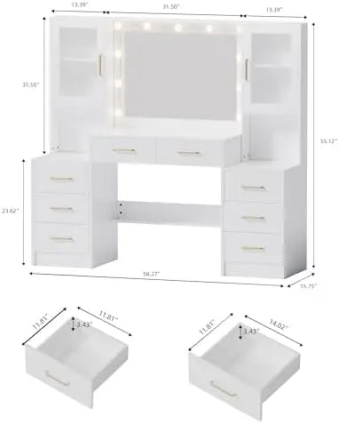 58.3' Vanity Desk with Mirror, Lights & Charging Station, 8 Drawers, 2 Cabinets Magic Electronics Sdf37ebcc7bb74bd9bf10cb94f9c78be4h