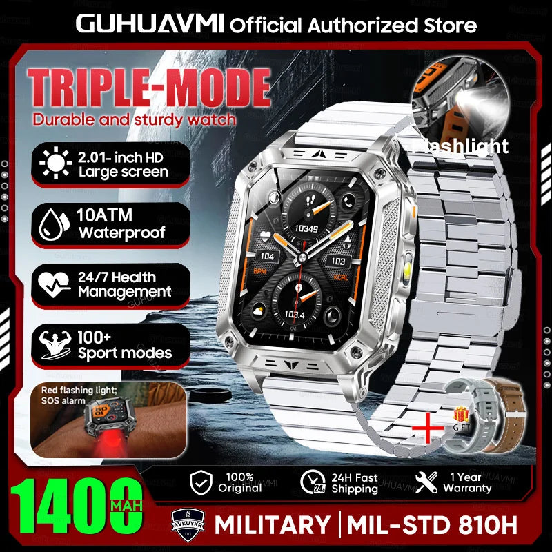 2026 Military outdoor SmartWatch Fitness Clock Men 2.01 inch AMOLED Screen 1400mAh Battery Flashlight Call Waterproof Smart Band Silver Steel B 2A 1400 Large battery Magic Electronics Sdf8b1611242d49379915c62ac6619786L Silver Steel B 2A 1400 Large battery