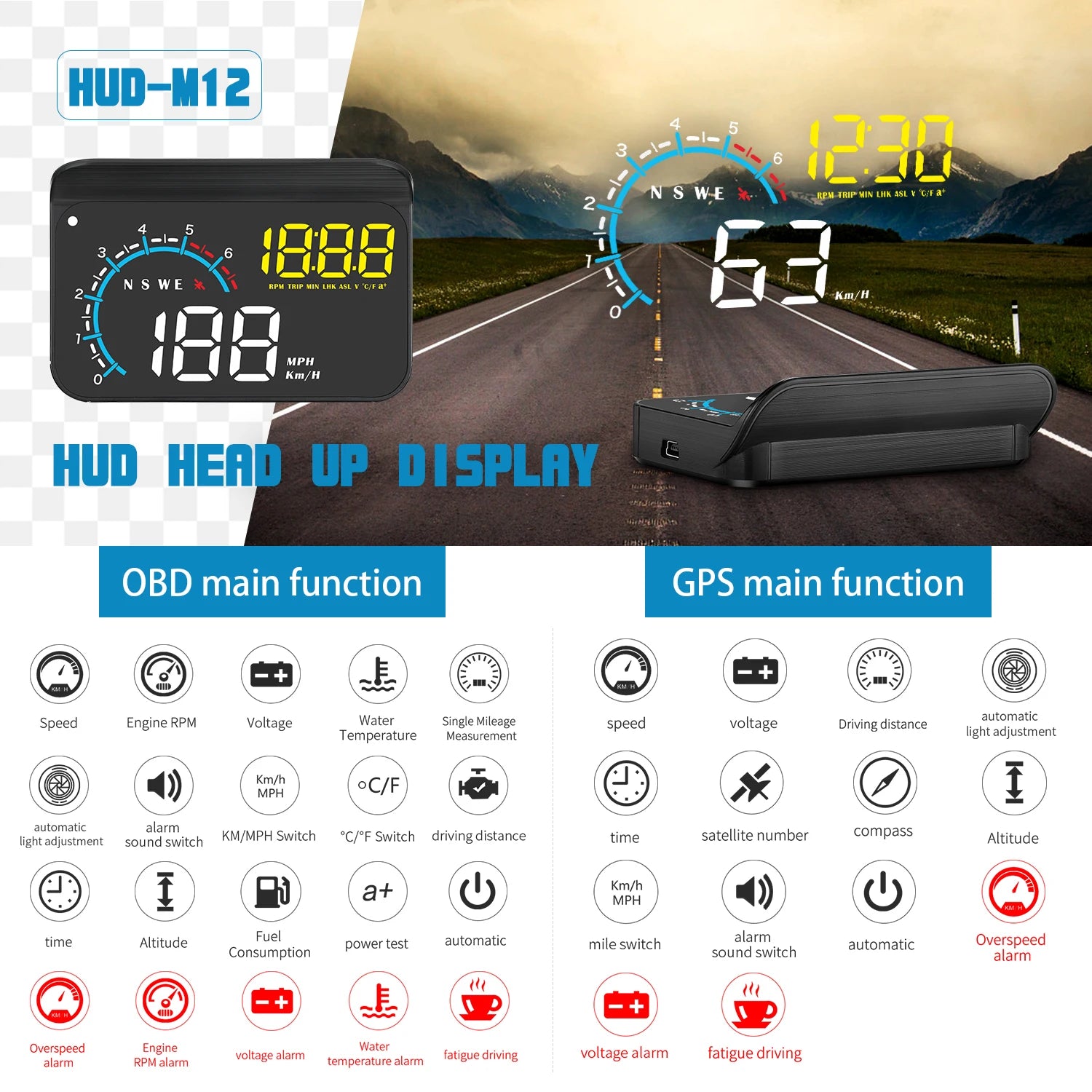 M12 HUD Windshield Projector OBD+GPS Universal Head Up Display Car Speedometer Water temp RPM Voltage Security Automatic Alarm Magic Electronics Sdfdc3d94a57641c799d6fc3c61168fc9X